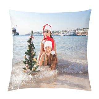 Personality  Two Young Women On The Beach Celebrating The New Year Holidays Pillow Covers