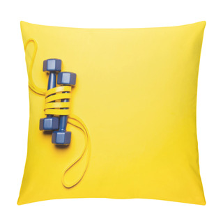 Personality  Top View Of Blue Dumbbells In Resistance Band On Yellow Background Pillow Covers