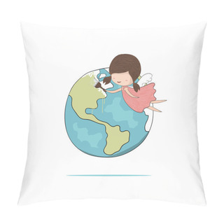 Personality  Cute Doodle Of A Girl Angel Painting A World, Drawing By Hand Ve Pillow Covers