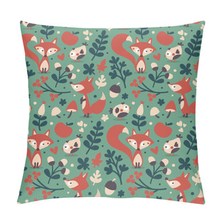 Personality  Seamless Cute Autumn Pattern Made With Fox, Bird, Flower, Plant, Leaf, Berry, Heart, Friend, Floral, Acorn, Mushroom Wild Pillow Covers