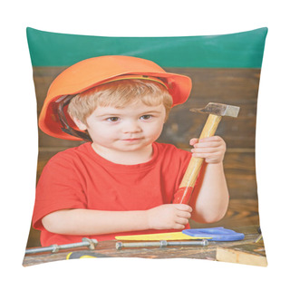 Personality  Closeup Kid In Orange Helmet Holding Hammer In His Hands. Crafts Lesson At Kindergarten. Portrait Of Little Boy In Workshop Pillow Covers