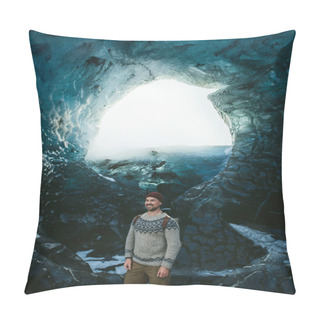Personality  Traveler With A Backpack In An Ice Cave. Man Standing On The Glacier Vatnajokull In Iceland. Epic Landscape In Iceland. Travel And Adventure Concept. Pillow Covers