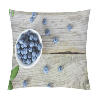 Personality  Fresh Picked Blueberries On White Bowl, Healthy Summer Fruits On Wooden Table Pillow Covers