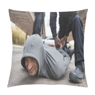 Personality  African American Policeman Handcuffing Offender Lying On Street On Blurred Background Outdoors Pillow Covers
