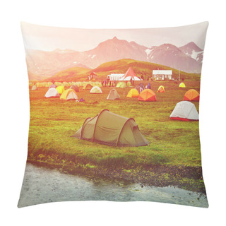 Personality  Trekking In Iceland. Camping With Tents Near Mountain Lake Pillow Covers