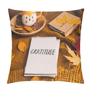 Personality  How To Practice Gratitude. Writing Autumn Fall Gratitude Journal. Open Paper Notebook Pages With Text Gratitude And Fall Leaves Brown Bed. Notice Appreciate Good Things, Express Gratitude To Yourself Pillow Covers