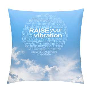 Personality  Spiritual Words To Inspire You And Raise Your Vibration Wall Art - Blue Sky With Fluffy Clouds And A Perfect Circular Word Cloud Relevant To Spirituality And Raising Your Vibration                             Pillow Covers