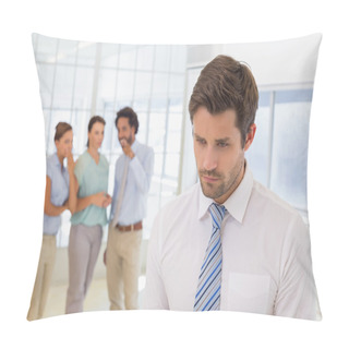Personality  Colleagues Gossiping With Sad Businessman In Foreground Pillow Covers