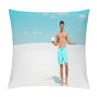 Personality  Happy Sexy Man With Muscular Torso In Swim Shorts With Coconut Drink On Sandy Beach Pillow Covers