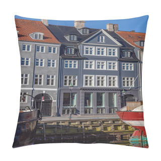 Personality  COPENHAGEN, DENMARK - MAY 6, 2018: Beautiful Historical Buildings Near Water And Moored Boats In Copenhagen, Denmark Pillow Covers