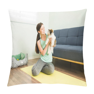 Personality  Super Happy Caucasian Woman Hugging Her Adorable Small Puppy While Sitting On An Exercise Mat After Finishing A Home Workout  Pillow Covers