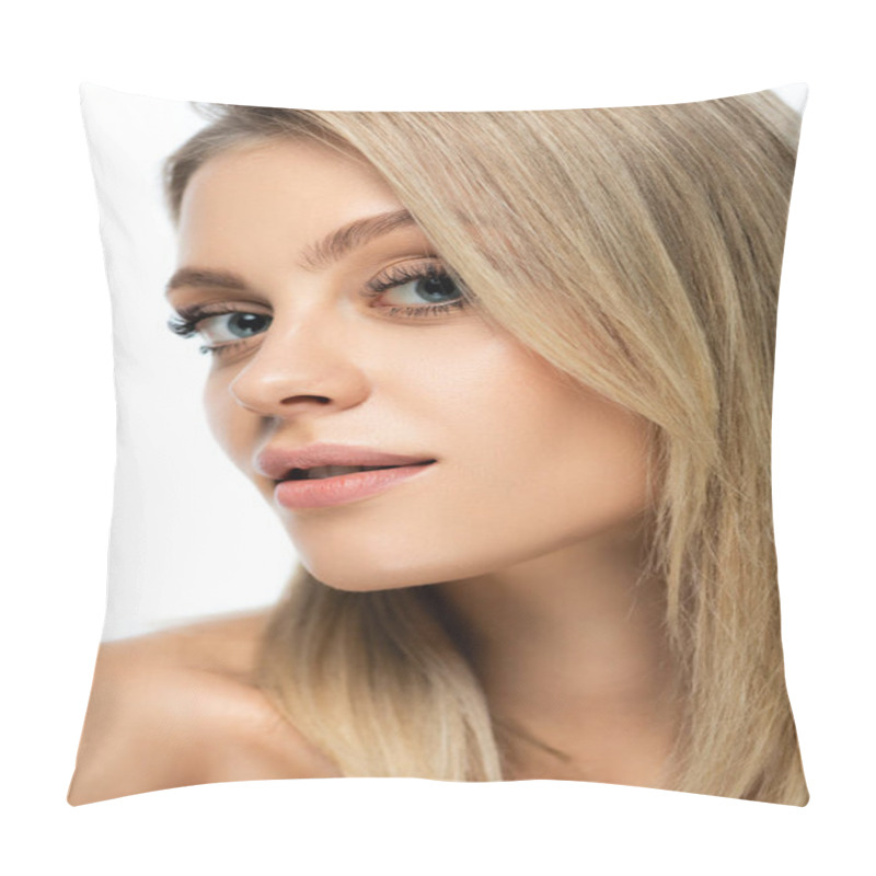Personality  Portrait Of Young Blonde Woman With Natural Makeup Looking At Camera Isolated On White Pillow Covers