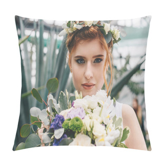 Personality  Beautiful Young Bride In Floral Wreath Holding Wedding Bouquet And Looking At Camera  Pillow Covers