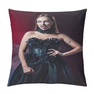 Personality  Scary Vampire Girl With Fangs In Black Gothic Dress On Black Background With Smoke Pillow Covers