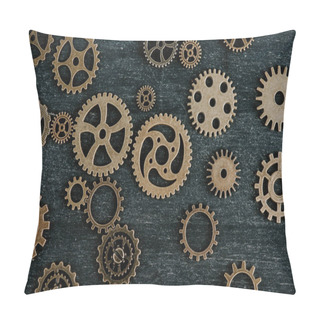 Personality  Top View Of Vintage Metal Gears On Dark Wooden Background Pillow Covers