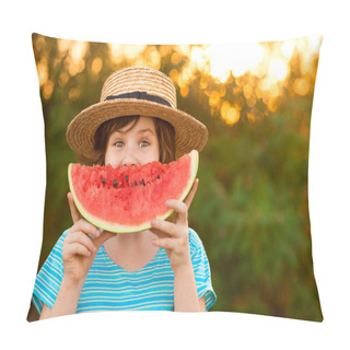 Personality  Adorable Little Preschool Child Girl With Blond Hairs And Hat Eating Watermelon In Summer Holidays. Funny Happy Child Smiling And Tasting Healthy Fruit Snack On Sunny Day. Pillow Covers
