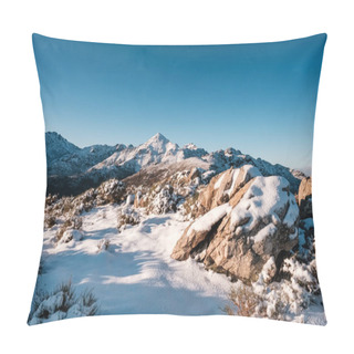 Personality  A Rocky Outcrop Covered In Snow In Front Of The Snow Covered Peak Of Monte San Parteo Lit Up By The Early  Orning Sun In The Balagne Region Of Corsica Pillow Covers