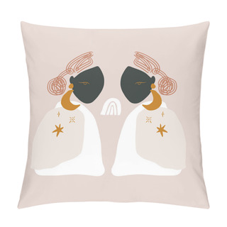 Personality  Modern Boho Pastel Terracotta Collage Line Drawing African Black Women Couple Twin Faces Hairstyle Fashion Beauty Minimalist Vector Illustration Modern Abstract Graphics Print Pillow Covers