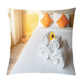 Personality  Set Of Towels On Comfortable Double Bed In Bedroom Decoration In Cozy Style. Conceptual Of A Room In A Home Where People Sleep. Pillow Covers