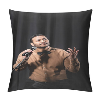 Personality  Pensive Indian Comedian Performing Stand Up Comedy And Telling Jokes In Microphone On Black  Pillow Covers