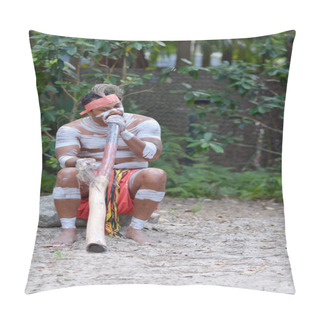 Personality  Indigenous Australian Man Play Aboriginal Music On Didgeridoo, Instrument In Queensland, Australia. Pillow Covers