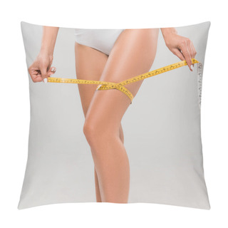 Personality  Cropped View Of Beautiful Slim Woman In Underwear Measuring Legs Isolated On Grey Pillow Covers