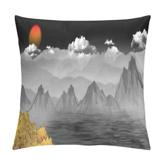 Personality  3d Illustration Mural Landscape Wallpaper. Golden, Black And Gray Mountains And Trees In Light Background. Sunset And White Clouds. Wall Home Decor Pillow Covers