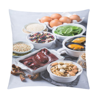 Personality  Healthy Nutrition Dieting Concept. Assortment Of Foods High In Iron. Beef Liver, Spinach, Eggs, Legumes, Nuts, Mushrooms, Quinoa, Sesame, Pumpkin Seeds, Soy Beans, Seafood.  Pillow Covers