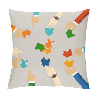 Personality  Team Work Hand Holding Pieces Of Jigsaw Puzzle Try To Solve Problem Together. Business Concept Of Synergy In Flat Illustration Pillow Covers