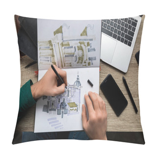 Personality  Top View Of Mans Hands Drawing In Album On Wooden  Table Next To Laptop And Smartphone Pillow Covers