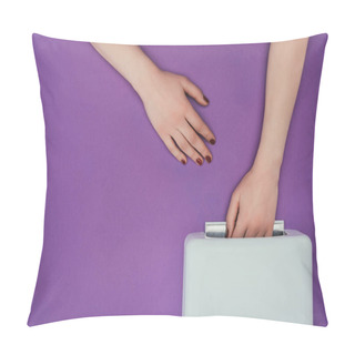 Personality  Cropped Image Of Woman Holding Hand In Uv Lamp Isolated On Purple Pillow Covers