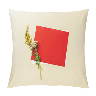 Personality  Flat Lay With Arrangement Of Red And White Blank Cards And Wildflowers On Beige Backdrop Pillow Covers