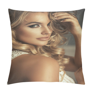Personality  Portrait Of Beautiful Sensual Blonde Woman With Long Curly Hair. Beauty Photo. Pillow Covers
