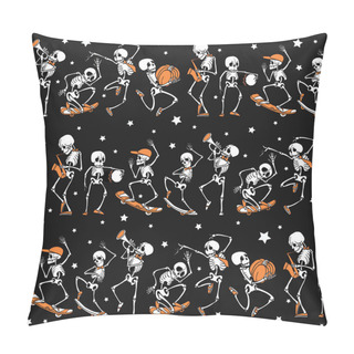 Personality  Vector Black, Orange Dancing And Skateboarding Skeletons Haloween Repeat Pattern Background. Great For Spooky Fun Party Themed Fabric, Gifts, Giftwrap. Pillow Covers