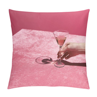 Personality  Cropped View Of Woman Holding Glass With Drink On Velour Cloth Isolated On Pink, Girlish Concept Pillow Covers