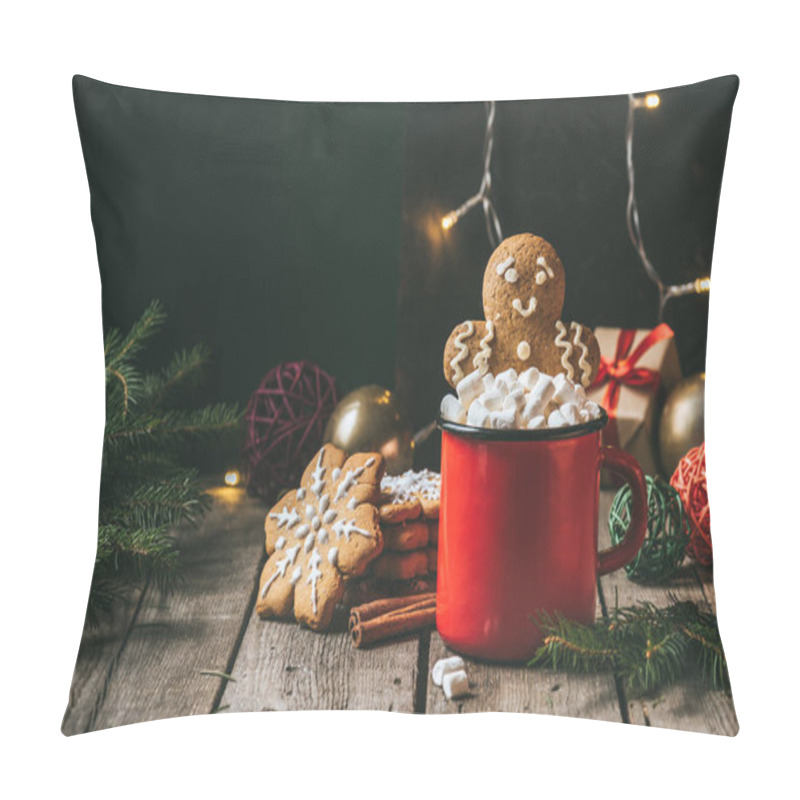 Personality  Gingerbread Man In Cup Of Cocoa With Marshmallows On Wooden Table With Christmas Light Garland Pillow Covers