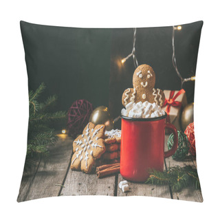Personality  Gingerbread Man In Cup Of Cocoa With Marshmallows On Wooden Table With Christmas Light Garland Pillow Covers