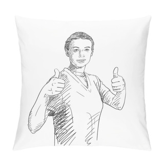 Personality  Sketch Of Young Woman Showing Thumb Up Gesture With Both Hands, Hand Drawn Vector Illustration With Cross Hatched Shades Pillow Covers