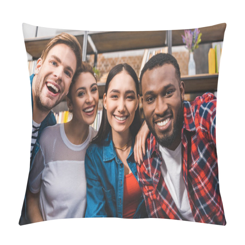 Personality  happy young multiethnic friends smiling at camera pillow covers