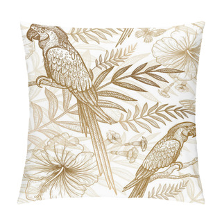 Personality  Seamless Pattern With Exotic Plants And Parrots. Pillow Covers