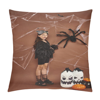 Personality  Surprised Preteen Girl In Black Outfit Touching Spider On Brown Backdrop With Cobweb, Halloween Pillow Covers