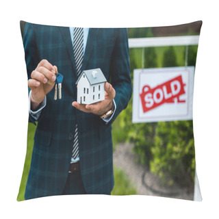 Personality  Cropped View Of Realtor Holding Carton House Model And Keys Near Board With Sold Letters  Pillow Covers