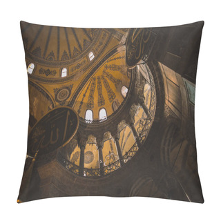 Personality  ISTANBUL, TURKEY - OCTOBER 09, 2015: Low Angle View Of Interior Of Illuminated Suleymaniye Mosque Pillow Covers