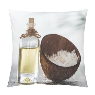 Personality  Selective Focus Of Bottle With Coconut Oil Near Coconut Shell With Coconut Shavings Pillow Covers