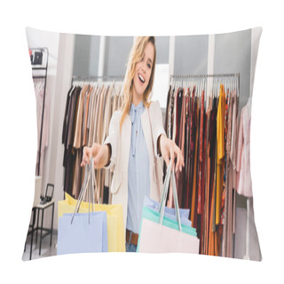 Personality  Blonde Woman Holding Shopping Bags In Showroom, Banner  Pillow Covers