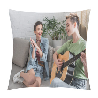 Personality  Pleased Pangender Person Applauding To Lover Playing Guitar In Living Room Pillow Covers