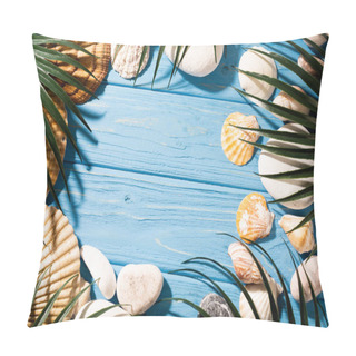 Personality  Top View Of Seashells And Palm Leaves On Wooden Blue Background Pillow Covers