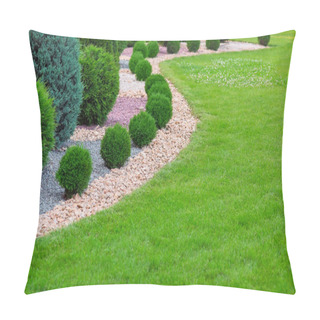Personality  Landscape Bed Of Garden With Wave Ornamental Growth Cypress Bushes Gravel Mulch By Color Rock Way On A Day Spring Park With Green Lawn Meadow, Nobody Pillow Covers