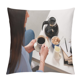 Personality  Partial View Of Woman With Cup Of Coffee And Coffee Table With Coffee Maker, Jag Of Cream And Brown Sugar Pillow Covers