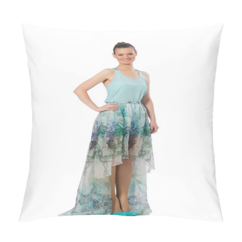 Personality  Caucasian model in blue floral dress isolated on white pillow covers